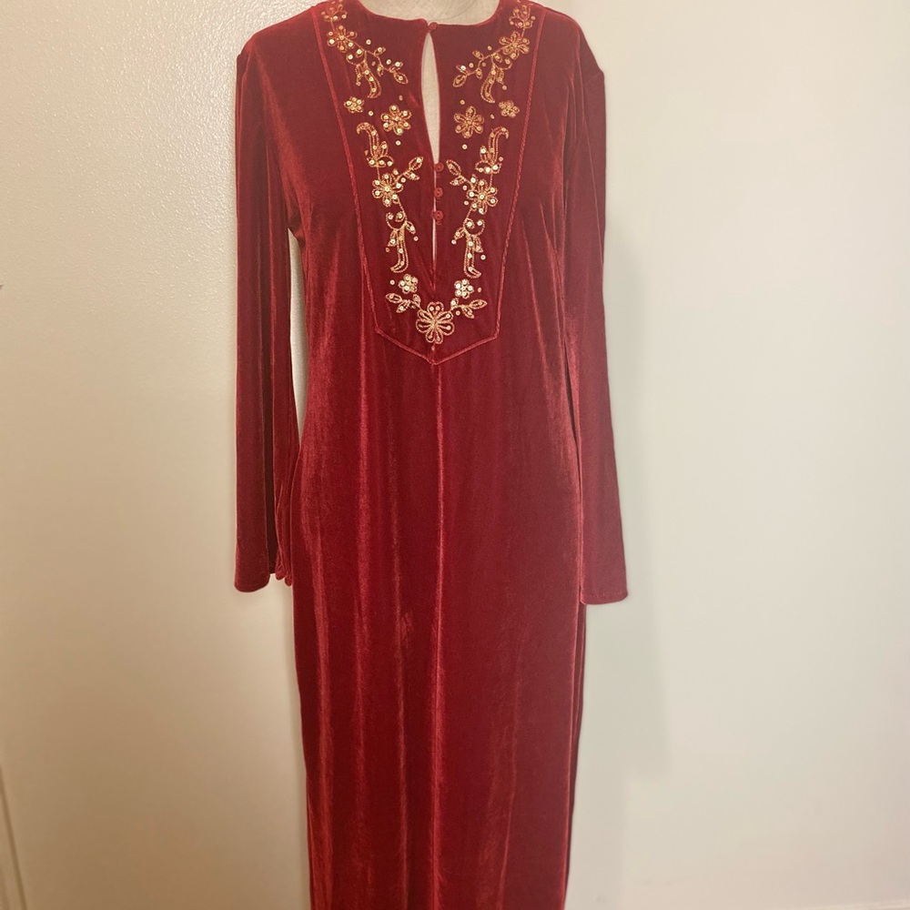 August Silk Red Velvet Gown with Gold Embroidery
